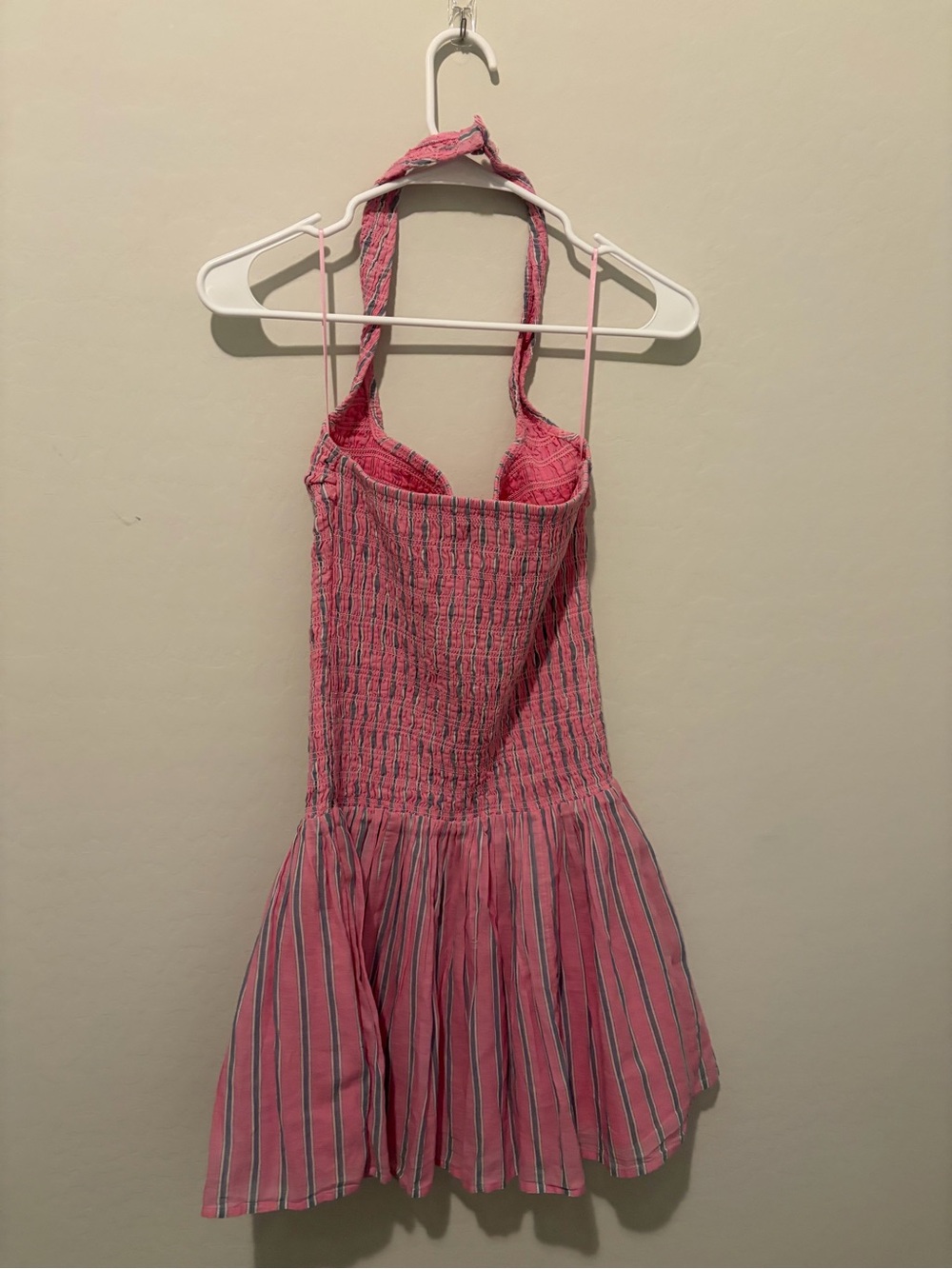 NWT Abercrombie Pink Halter Smocked Mini Dress with Blue Stripe - Picture 8 of 9
